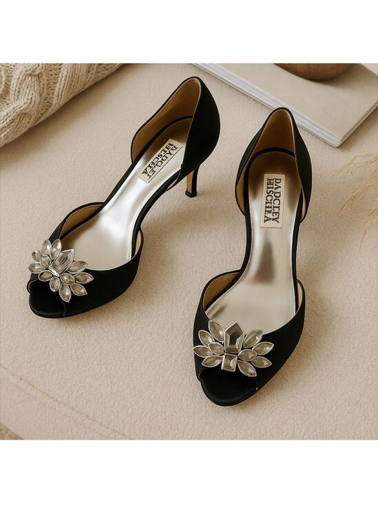 Badgley Mischka Shoes - BADGLEY MISCHKA BLACK SATIN D’ORSAY OPEN TOE RHINESTONE EMBELLISHED HEELS 6.5M